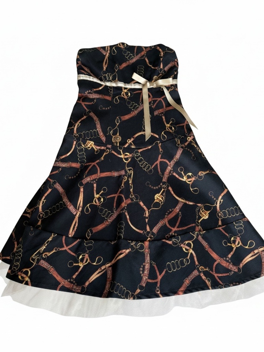 Handcrafted Equestrian Bit & Bridle Print Strapless Fit Flare Dress - Size XS